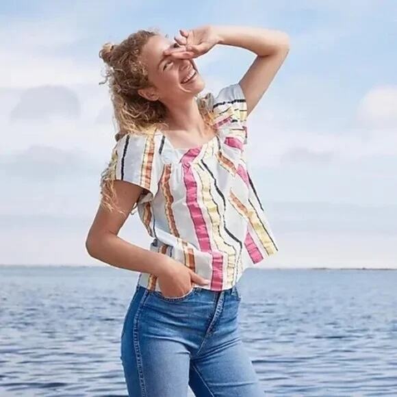 J. Crew Square Neck Seersucker Blouse Candy Striped Rainbow Women Plus 3X - Picture 1 of 11